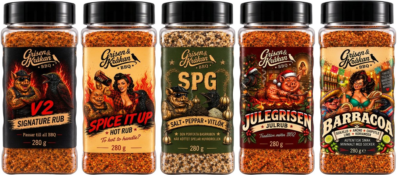 Alla fem rubbar från Grisen & Kråkan: V2, Spice It Up, SPG, Julegrisen och Barbacoa
